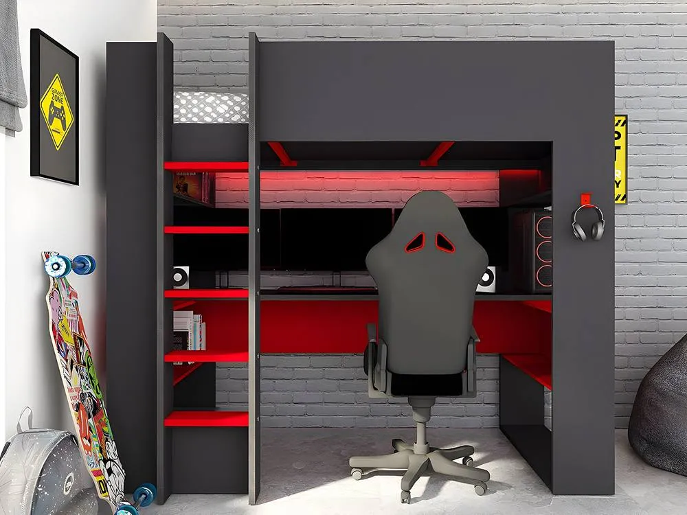 Vente-unique Gaming High Sleeper Bed With Integrated Desk & Storage - 90 X 200 Cm in Grey 5