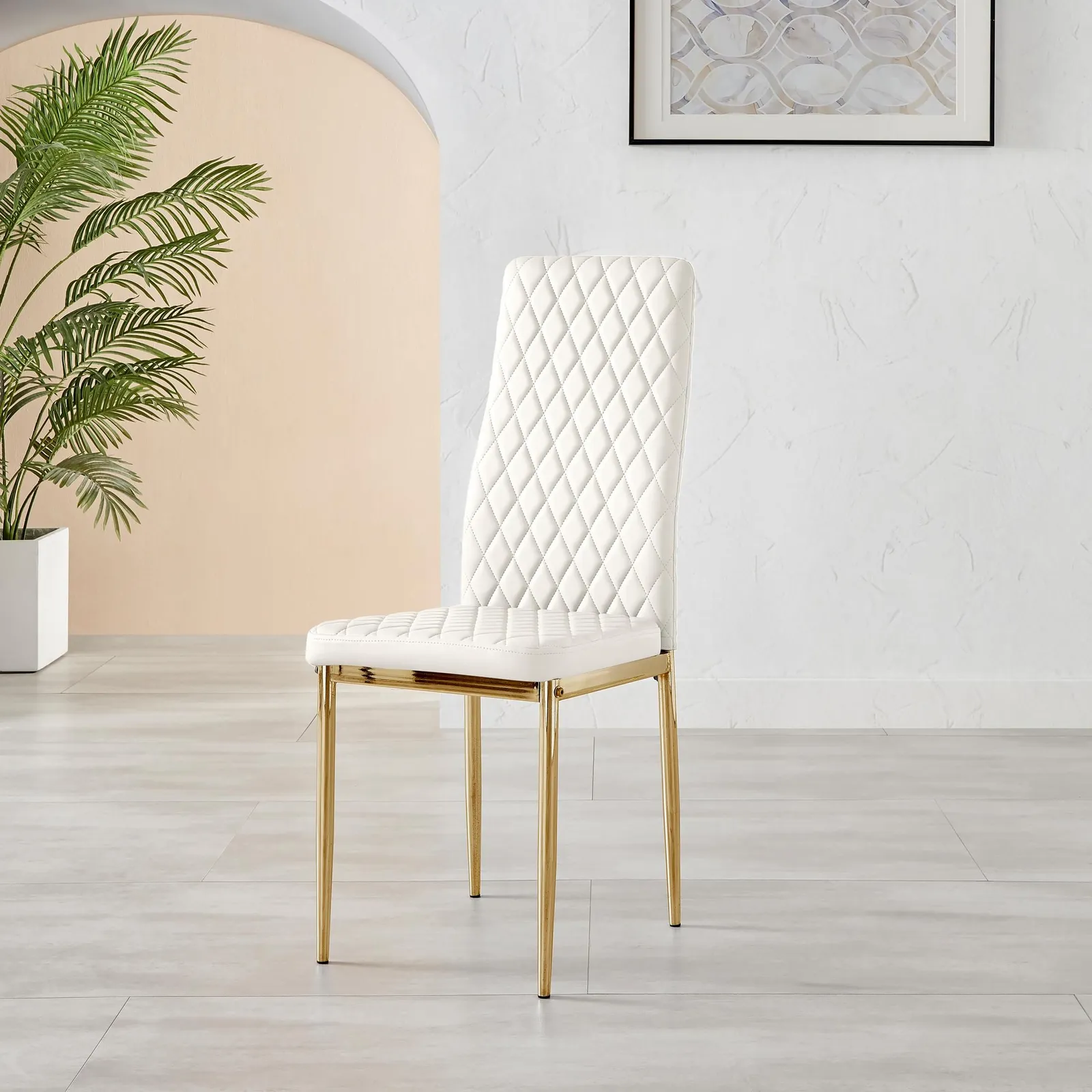 FurnitureboxUK Set of 4 Milan High Back Soft Touch Diamond Pattern Faux Leather Dining Chairs With Gold Chrome Metal Legs in White 4