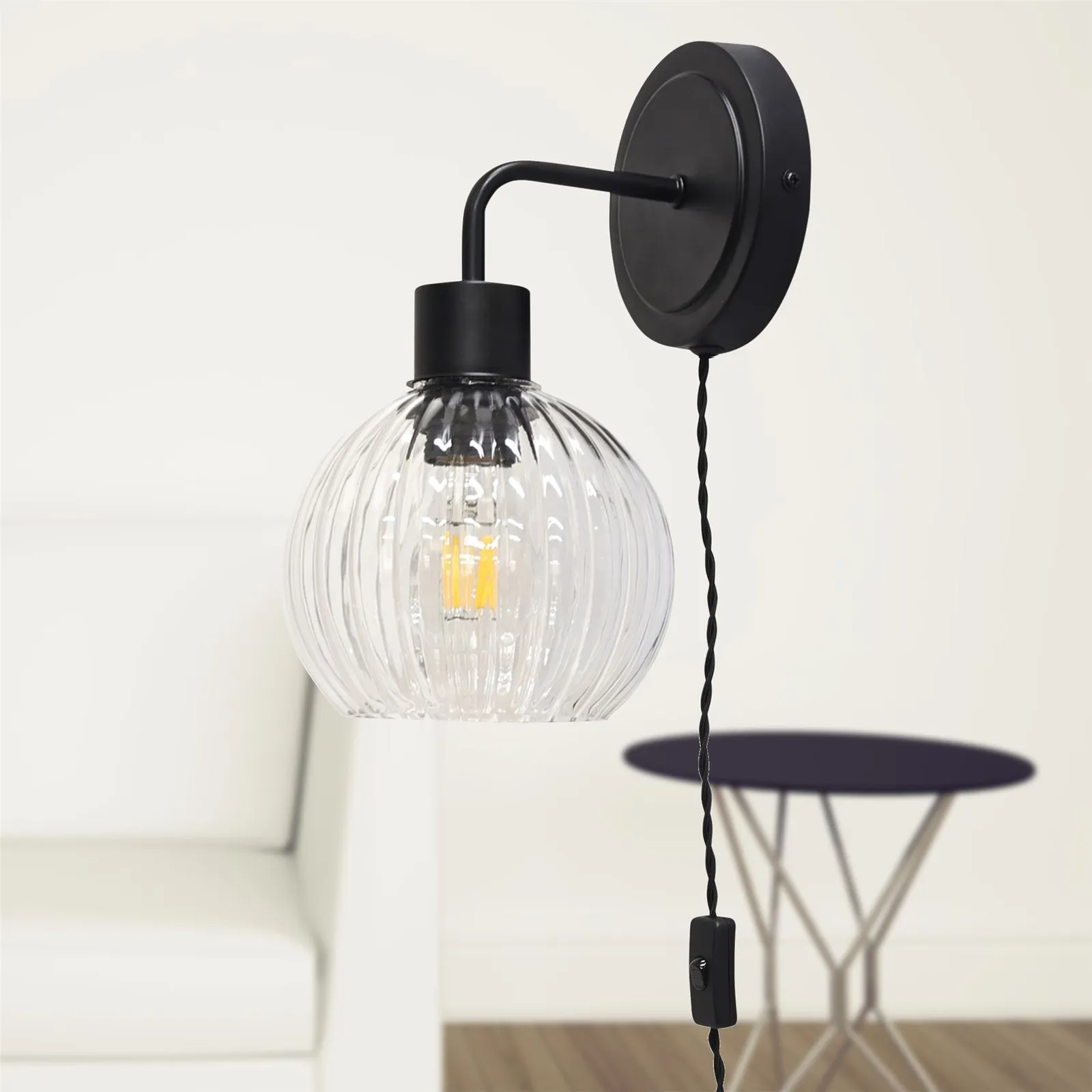First Choice Lighting Set of 2 Toby - Black Plug in Wall Lights Clear Ribbed Shades 5