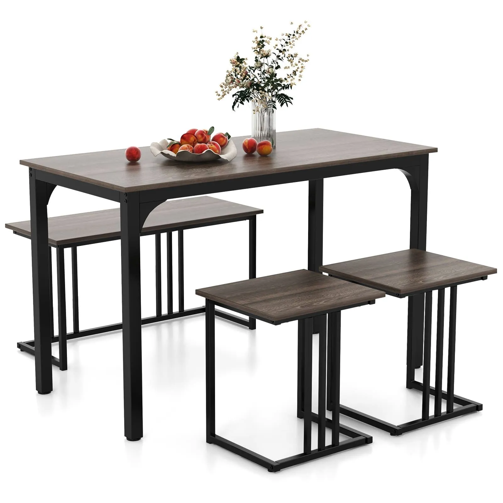 Costway 4-Piece Dining Table Set Industrial Dining Table W/ Bench & 2 Stools Grey