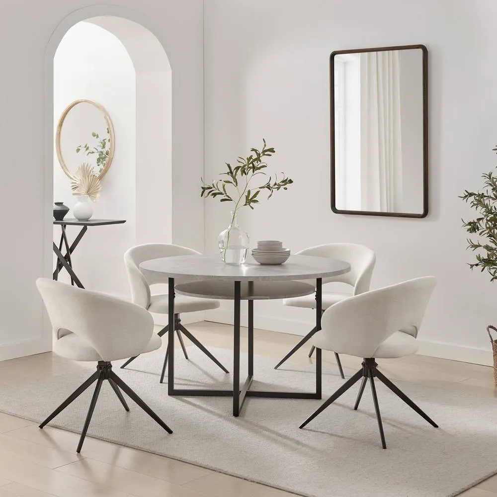 FurnitureboxUK Adley Round Grey Concrete Effect Dining Table 4 Anika Swivel Chairs