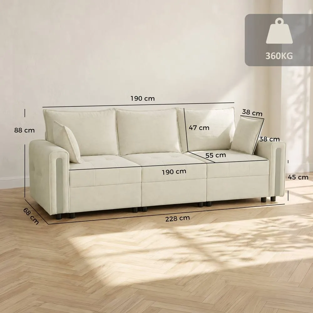 HOMCOM 3 Seater Sofa with Lift-Up Storage, 228 cm Velvet Couch, Beige 3
