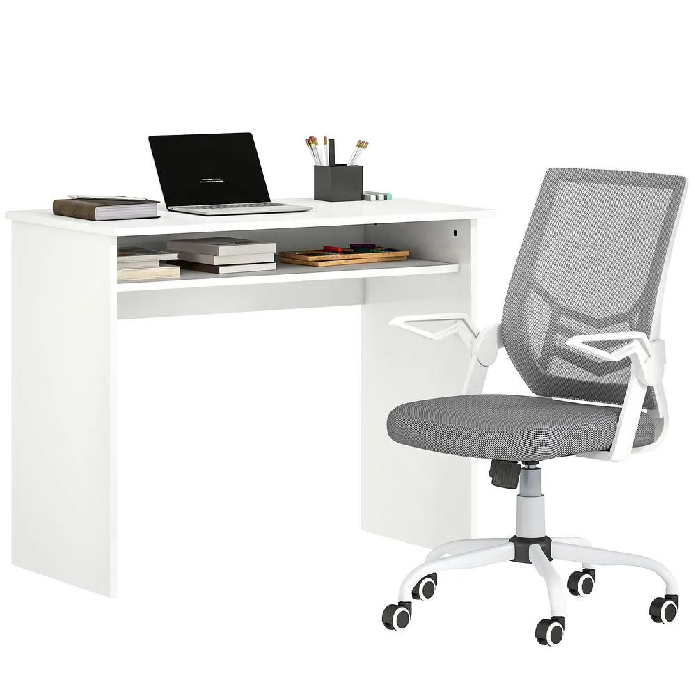 HOMCOM Home Office Desk & Ergonomic Mesh Chair Set with Shelf Lumbar Support in White 2