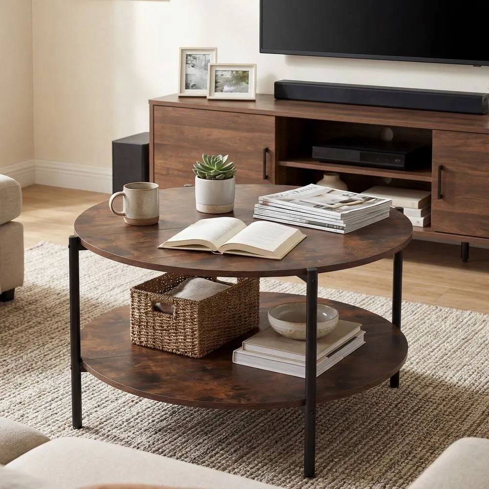 Costway 2-Tier Round Coffee Table Industrial Cocktail Table w/Storage Shelf in Brown 3