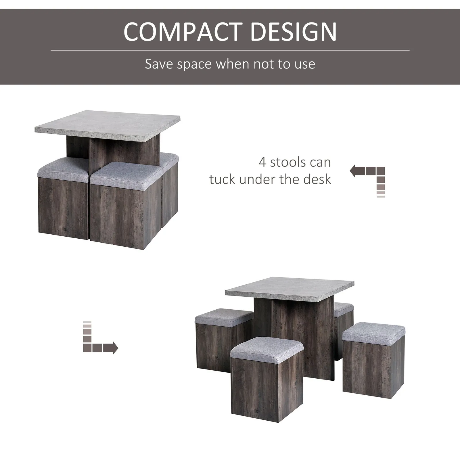 HOMCOM 5 PC Dining Set Wooden Space saving Storage Cushioned Ottoman Seats in Grey 4