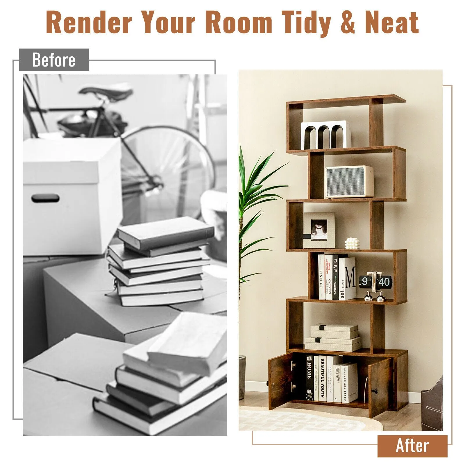 Costway 6-Tier Bookcase Free Standing S-Shaped Style Bookshelf Wooden Display Shelf in Brown 5