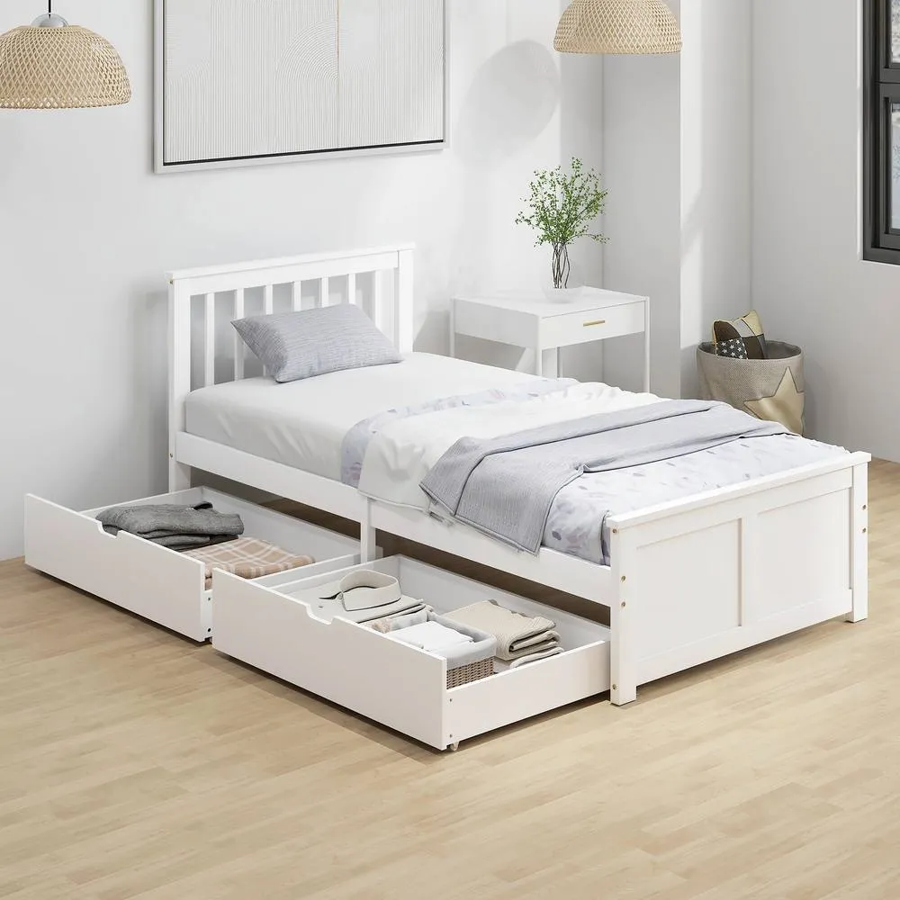 HOMCOM Storage Bed with 2 Drawers, Pine Wood Bed Frame, 90 x 190 cm, White 2