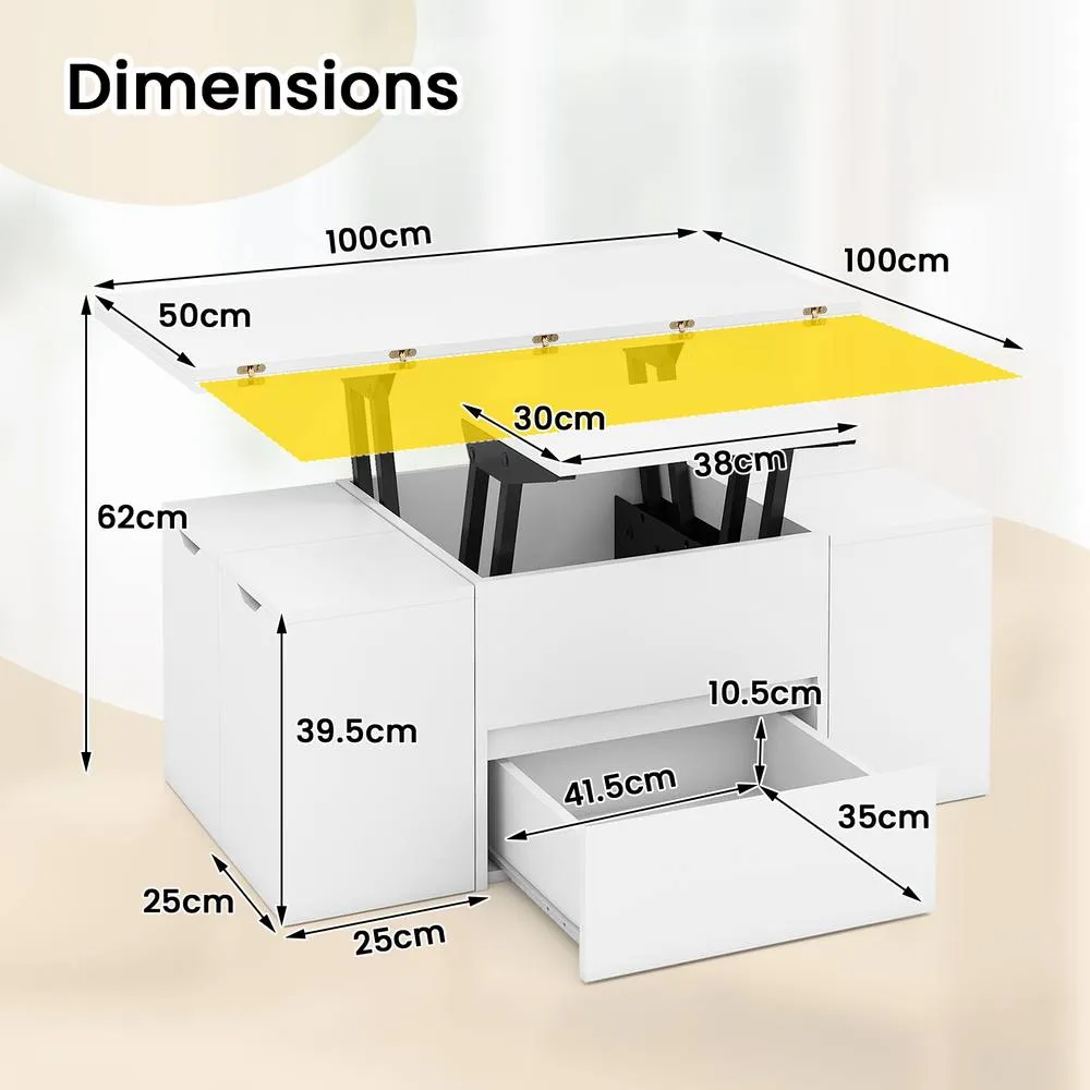 Costway Lift Top Coffee Table with 4 Storage Stools in White 2