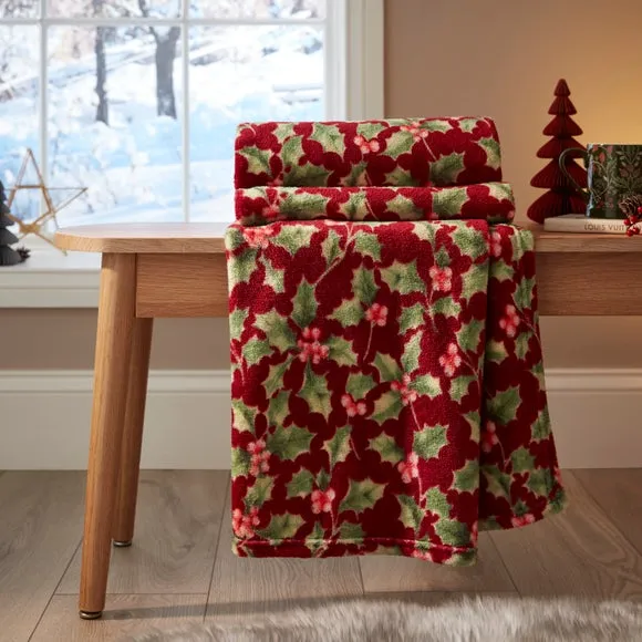 Holly Leaves Printed Fleece Throw Blanket