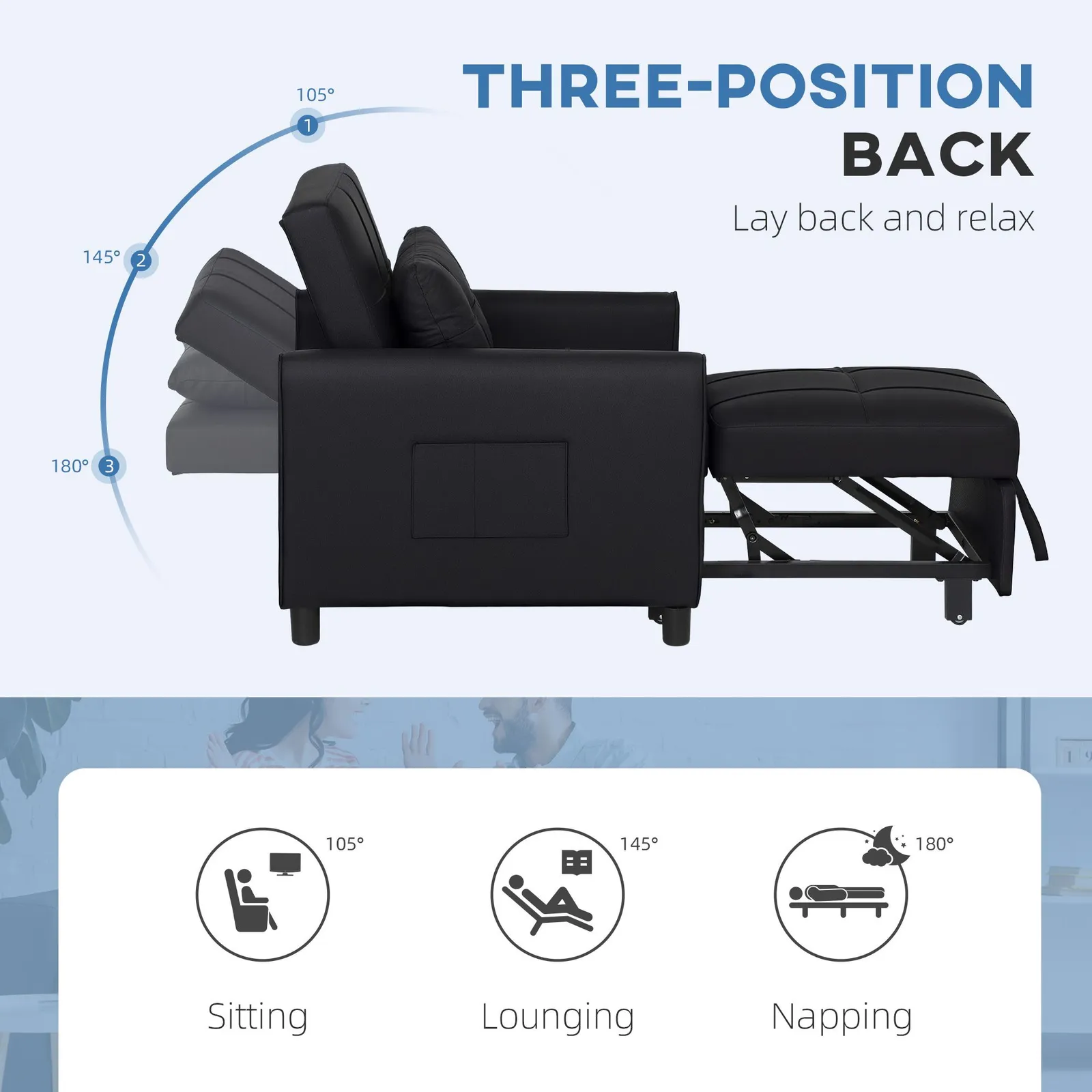 HOMCOM Folding Chair Bed, Sleeper Chair with Pillow, Side Pockets, Black 6