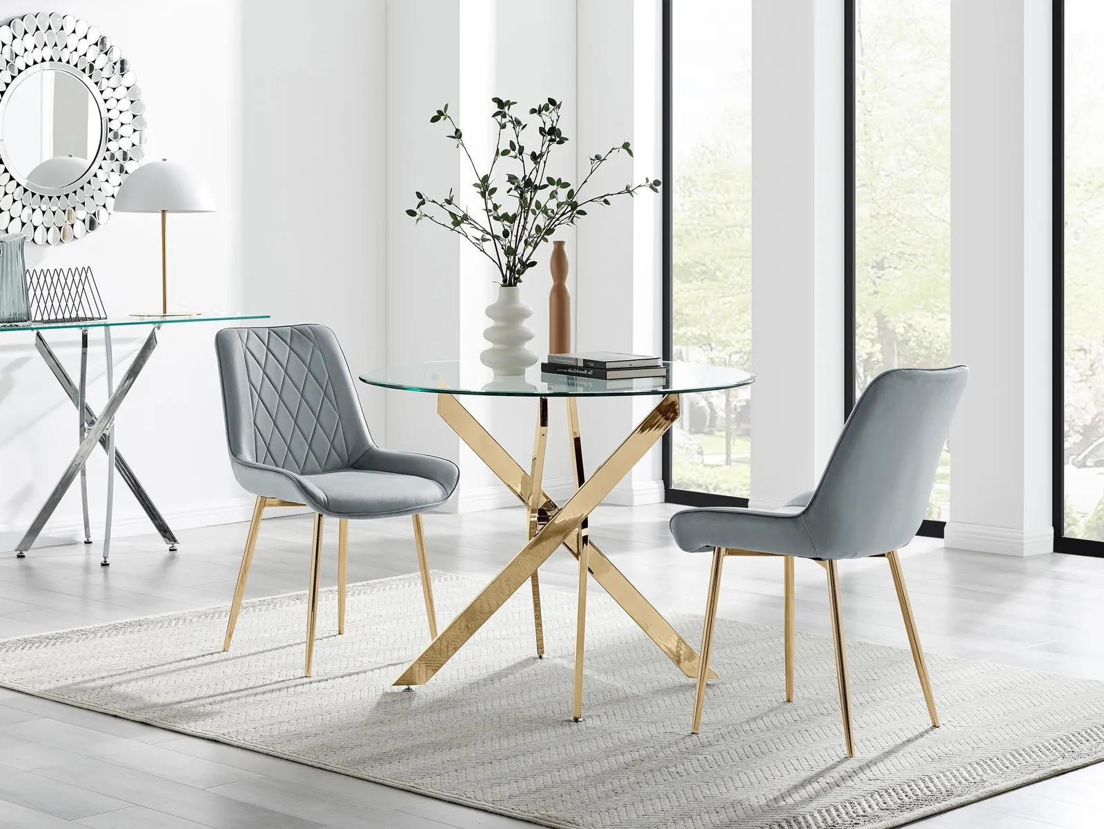FurnitureboxUK Novara 100cm Round Gold Leg Dining Table & 2 Pesaro Gold Leg Chairs in Grey 1