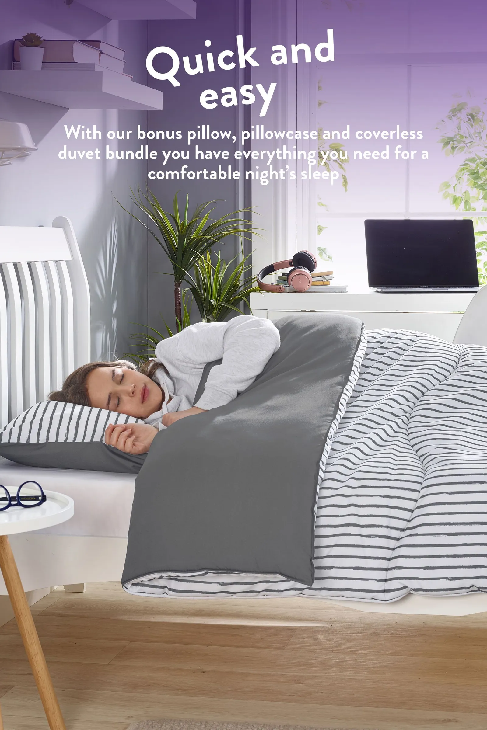 Slumberdown Back to Uni Printed Stripe Grey 10.5 Duvet, 2 Medium Pillows 2
