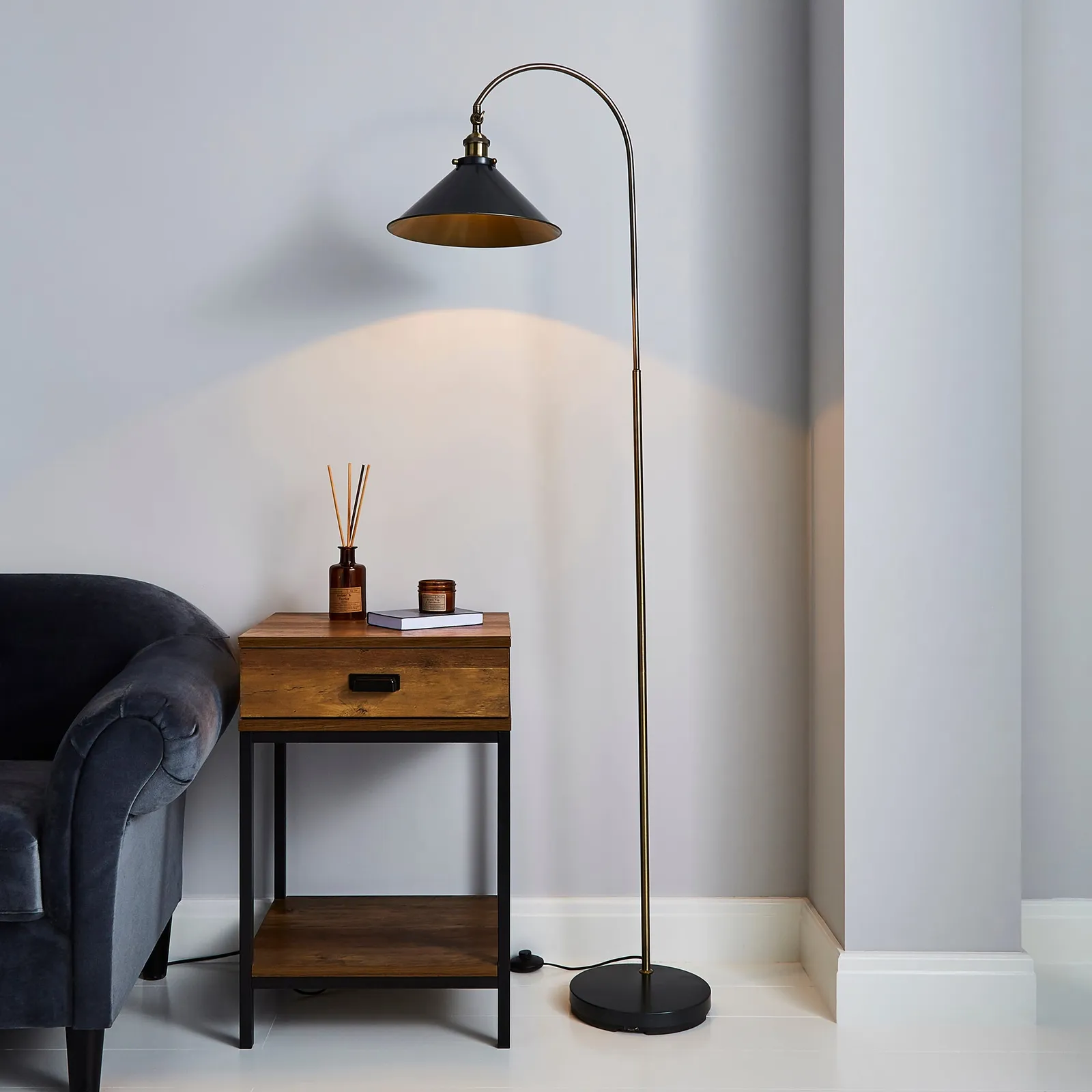 Logan Grey Industrial Floor Lamp Dark industrial Nickel, Antique Brass