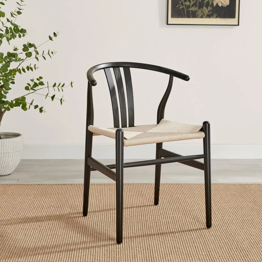 FurnitureboxUK 2x Caia Black Wood & Rope Wishbone Dining Chairs 3