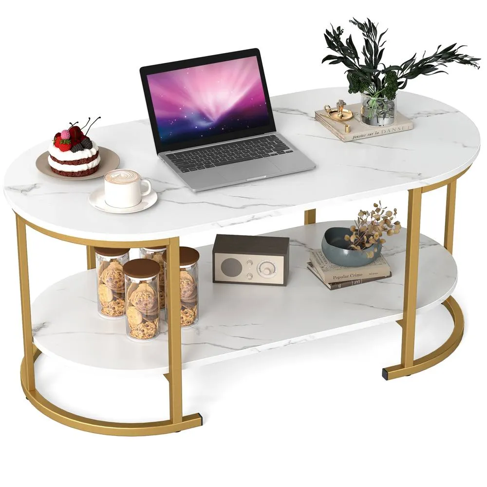 Costway Oval Coffee Table 2-Tier Living Room Center Table with Storage in White 3