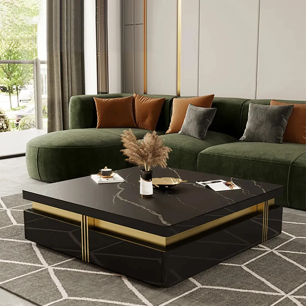 Trimied 110 cm Modern Black Square Storage Coffee Table Stone Top & 4 Wood Drawers