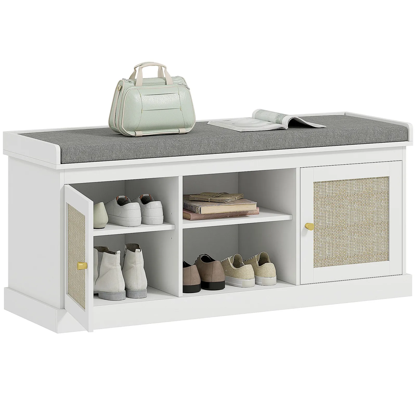 HOMCOM Shoe Bench, Boho Shoe Storage Bench with Padded Cushion, White 2