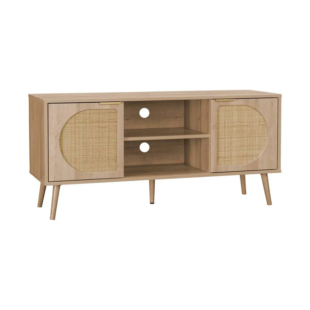 sweeek 120cm TV unit woodenn effect rounded cane rattan 2 doors in Beige 2