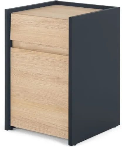 Stu Narrow Bedside Table, Oak Effect & Ocean Blue