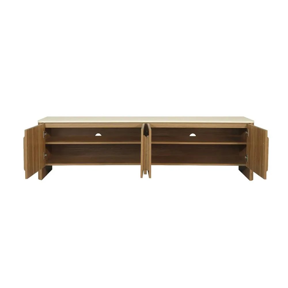 sweeek 4-door TV stand 180 cm with travertine effect top & wood decor in Dark Brown 4