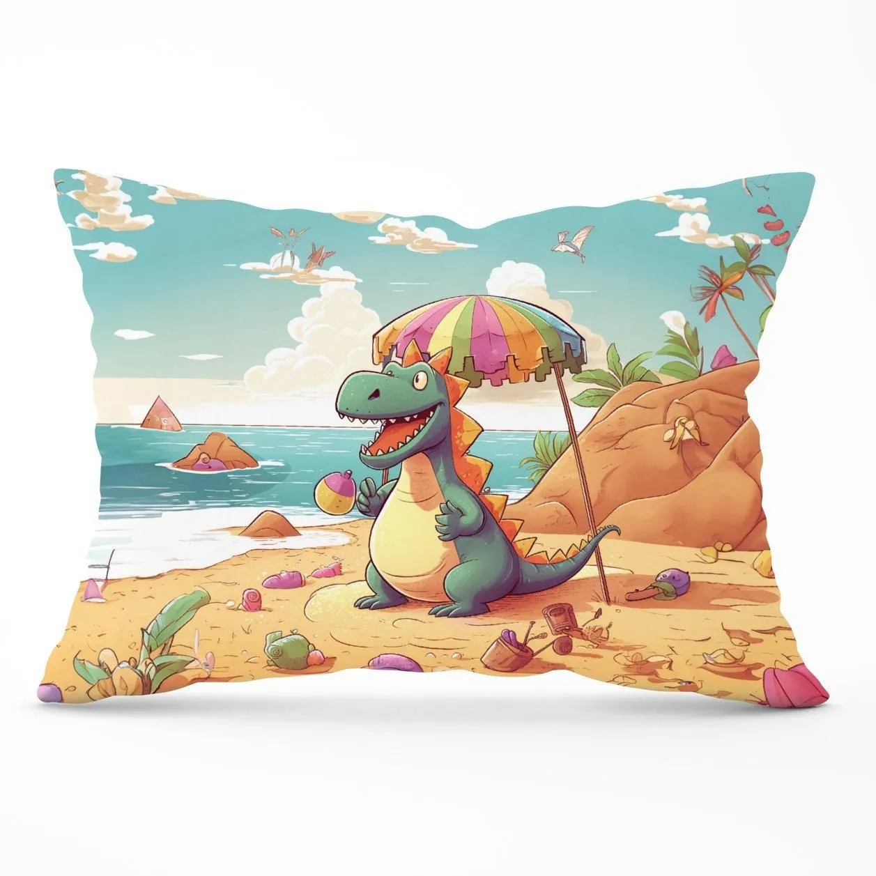 Warren Reed - Designer Dragon On A Beach Holiday Cushions in Yellow