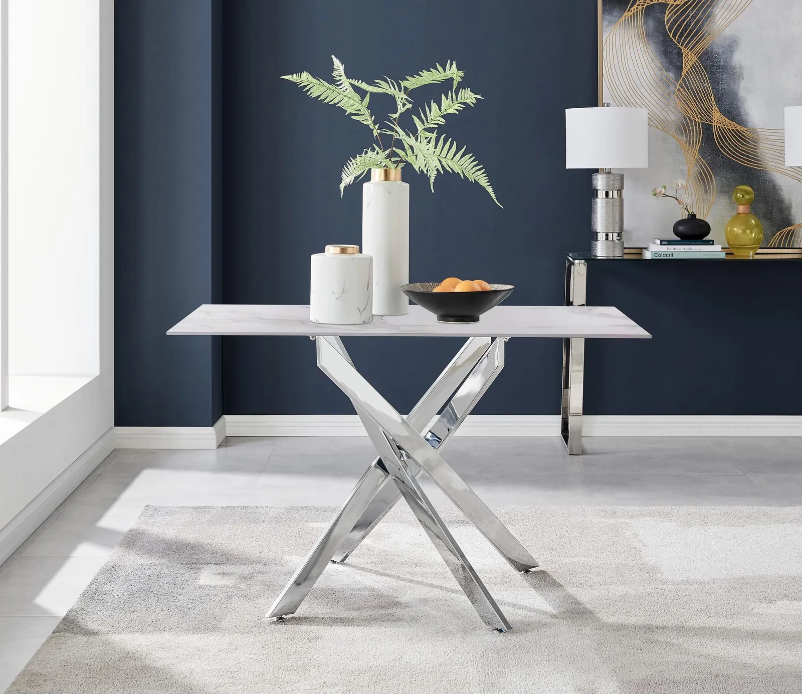 FurnitureboxUK Leonardo White Glass Marble Effect Silver Leg Table & 4 Lorenzo Chairs 3