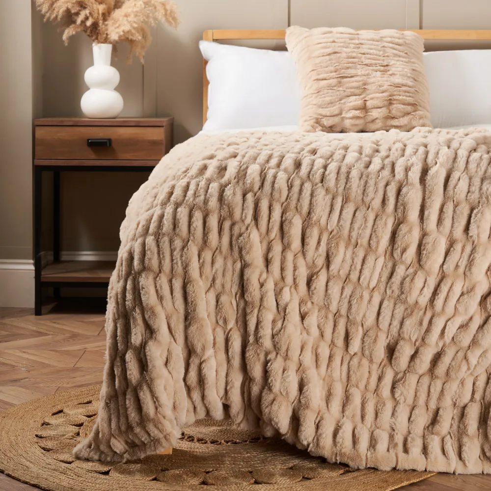 Ruched Faux Fur Throw, Tan 1