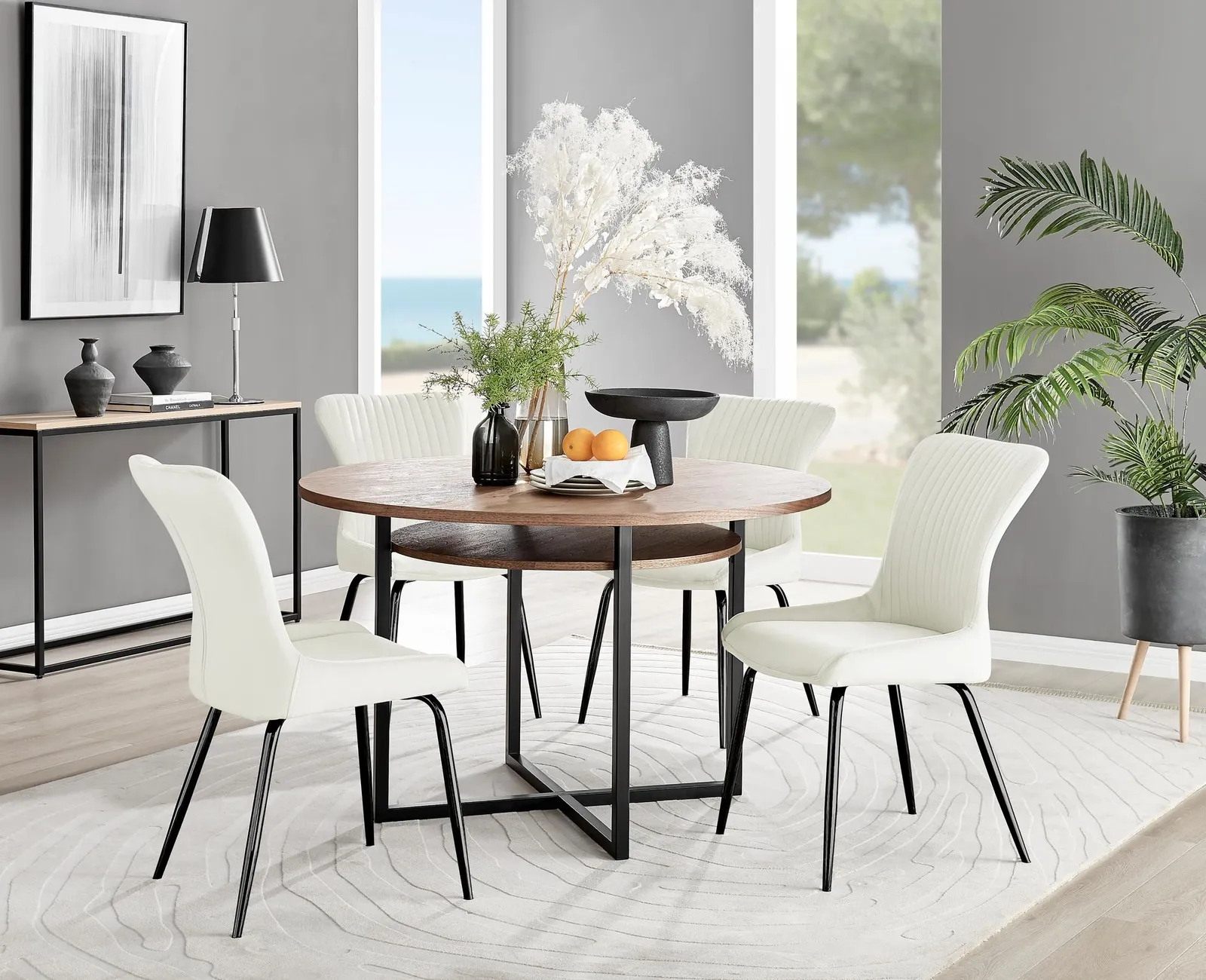 FurnitureboxUK Adley Brown Wood Storage Dining Table & 4 Nora Black Leg Chairs in Cream 1