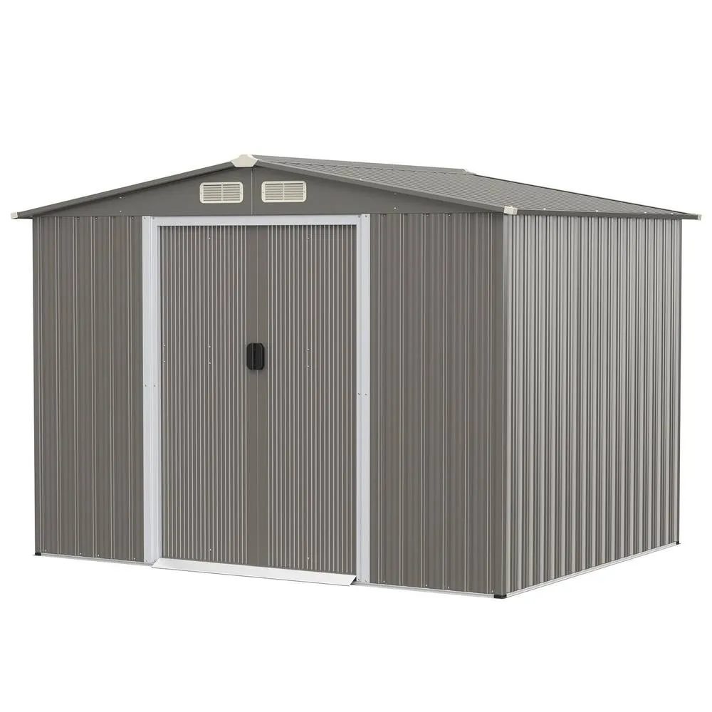 Costway 260×207cm Steel Outdoor Storage Shed Double Doors Ramp Grey