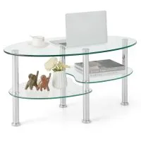 Costway 3-Tire Modern Oval Tea Table Smooth Glass Coffee Table Sofa End Side Table in Clear