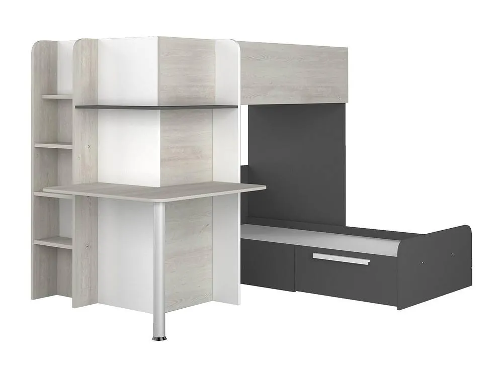 Vente-unique Corner Bunk Beds 2 X 90 X 190 Cm - With Desk - Grey, White & Black 5