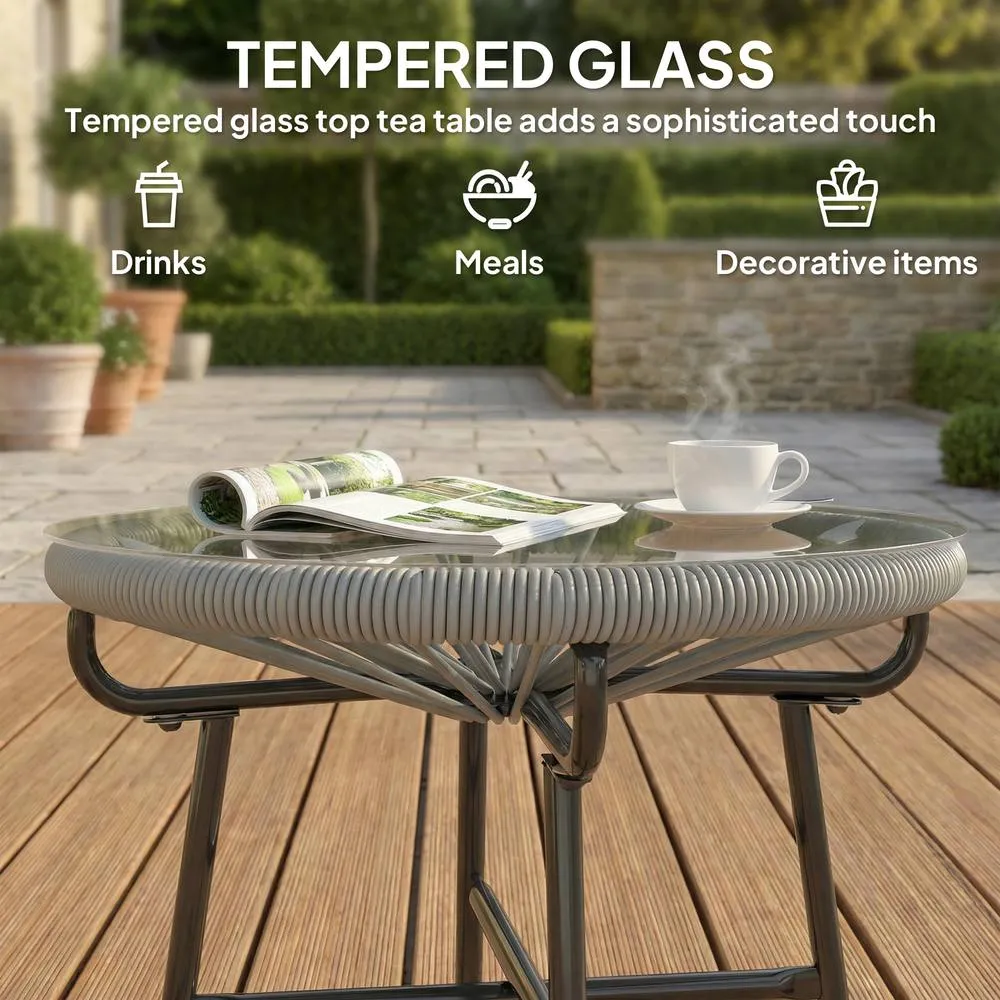 OUTSUNNY Rattan Side Table w/ Tempered Glass Tabletop, Light Grey 4