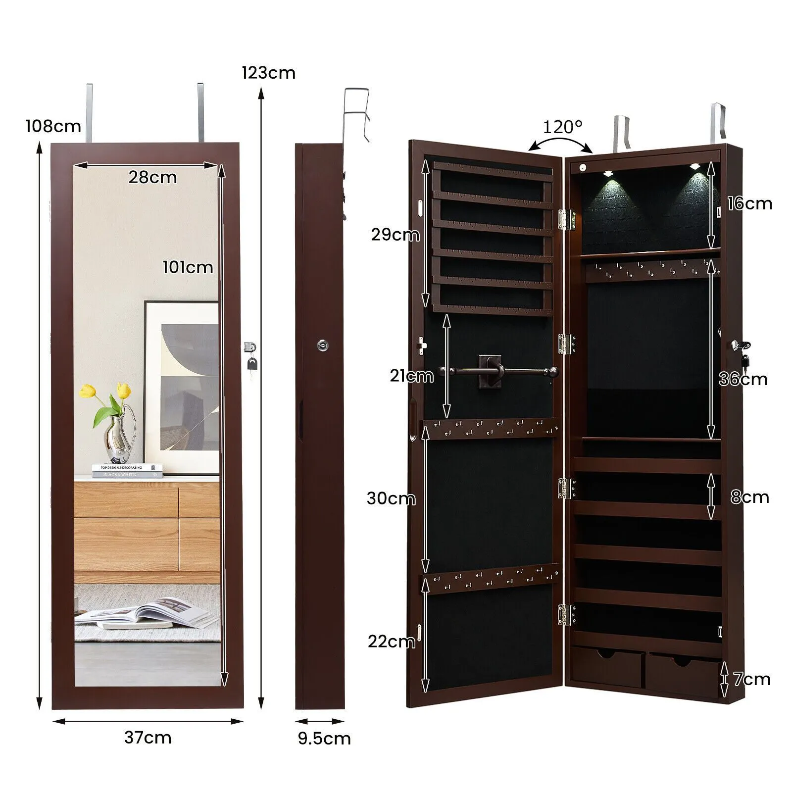 Costway Wall/Door Mounted Jewelry Armoire Organizer Full-length Mirror Storage Cabinet in Brown 2