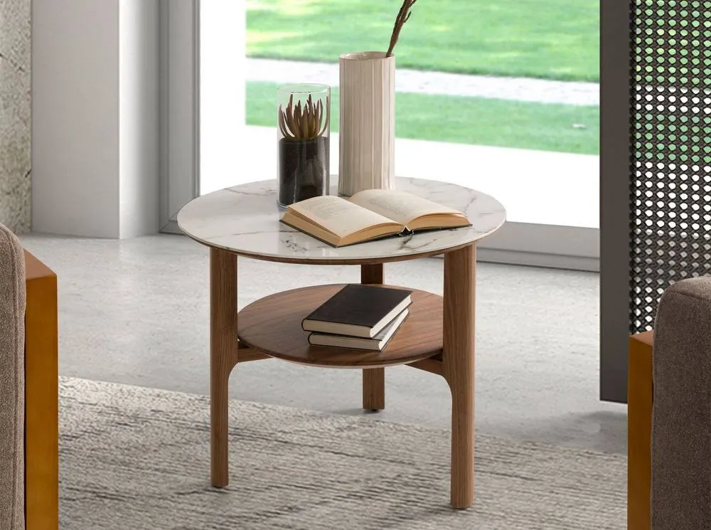 Angel Cerda Round side table in marble-effect glass & walnut in Brown 3