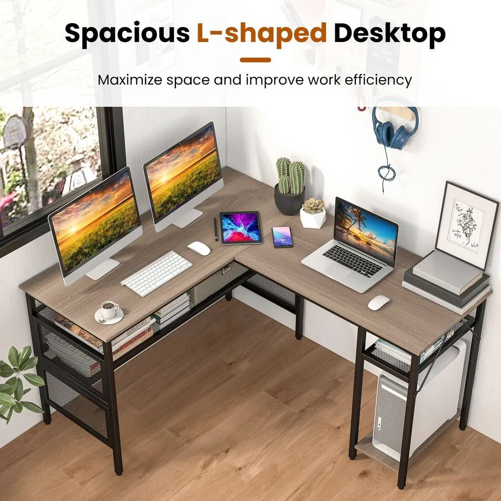 Costway L-Shaped Computer Desk Reversible Corner Workstation w/ Mesh Storage in Grey 3