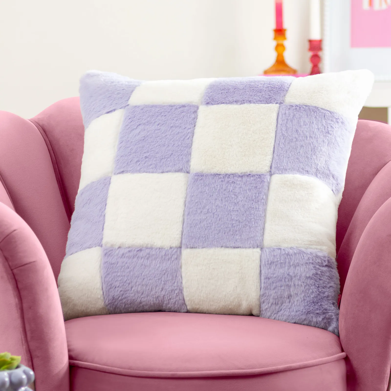 Heya Home Cozee Check Faux Fur Cushion in Lilac