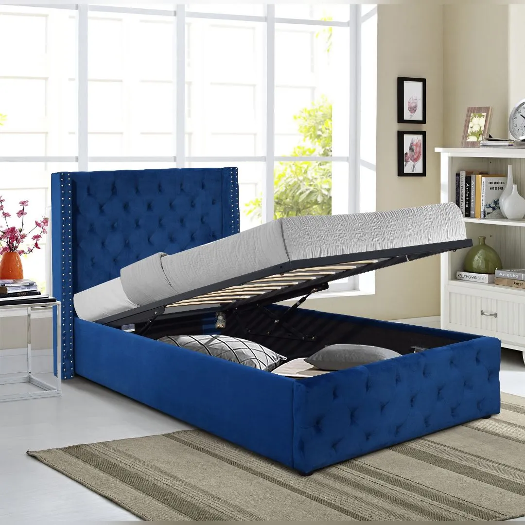 Comfy Living Ltd Winged Plush Velvet Fabric Ottoman Gas Lift Up Storage Bed Frame in Blue