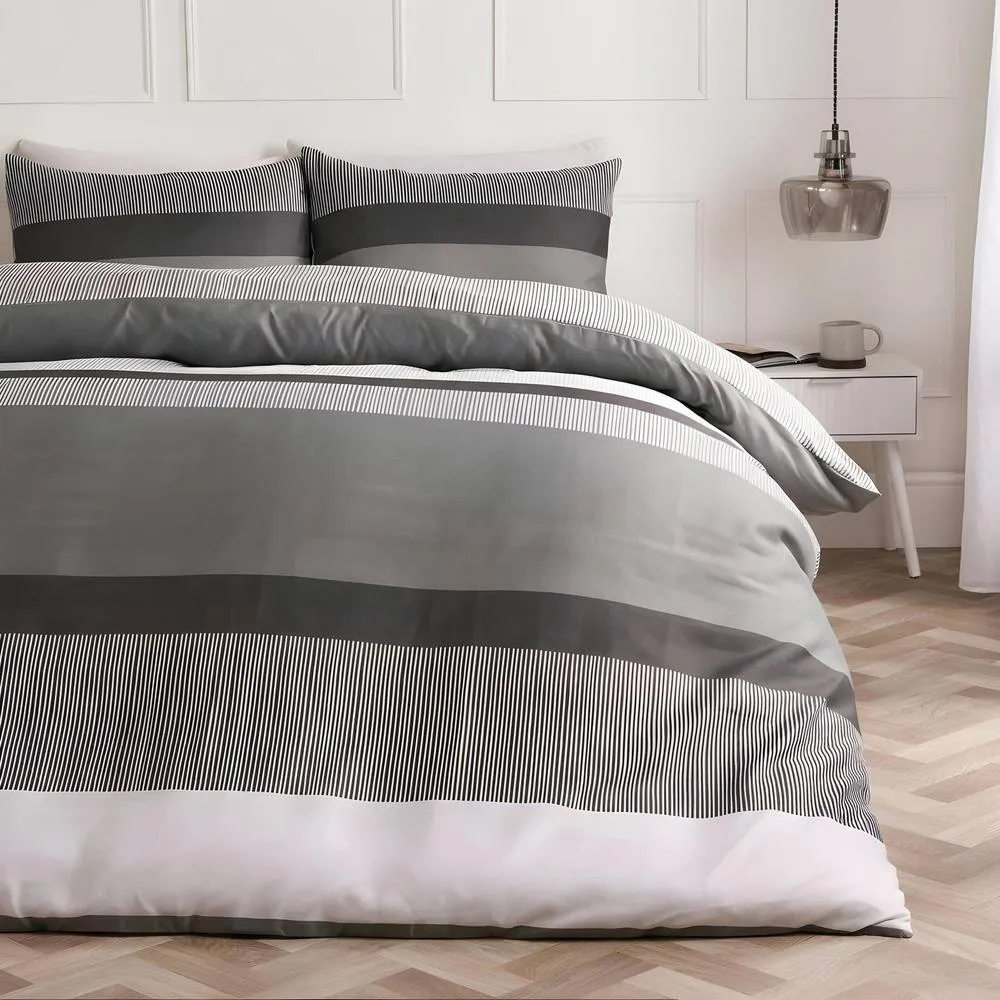 OHS Multi Stripe Bedding Set Microfibre Duvet Cover with Pillowcase in Grey