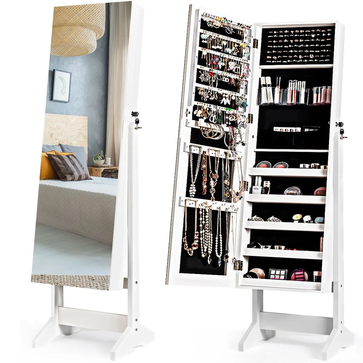 Costway Jewelry Cabinet Free Standing Jewelry Armoire w/Full-Length Mirror in White