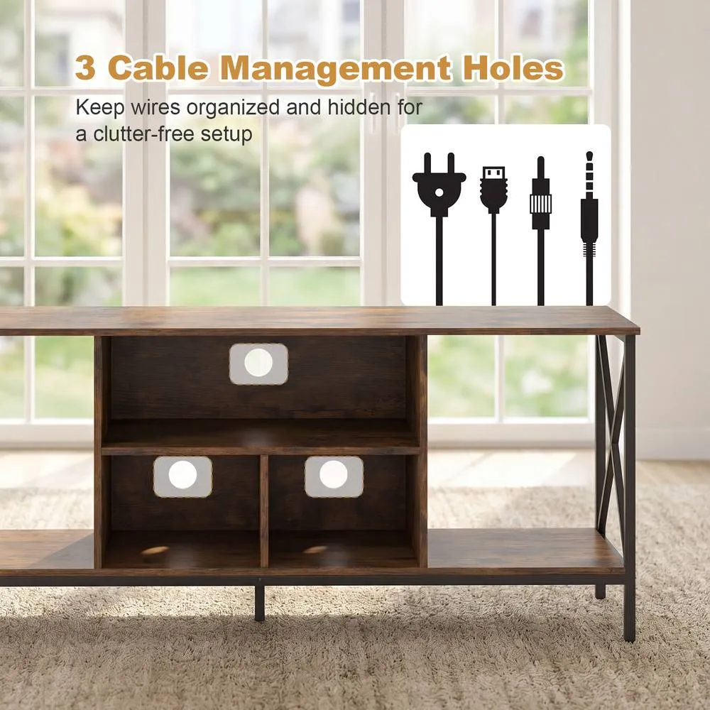 Costway TV Stand LED Lights for 65 Inch TV Power Outlets in Brown 6