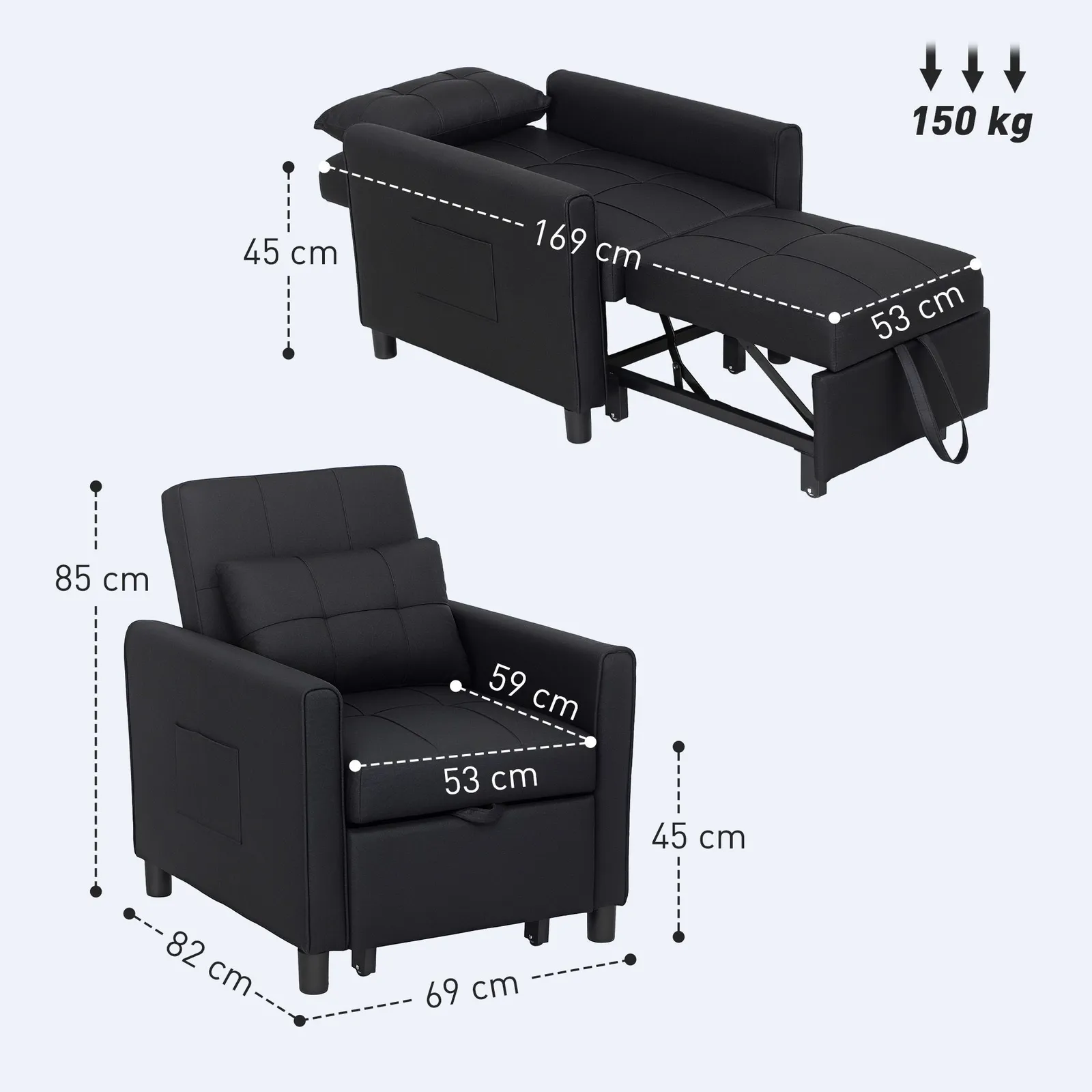 HOMCOM Folding Chair Bed, Sleeper Chair with Pillow, Side Pockets, Black 3