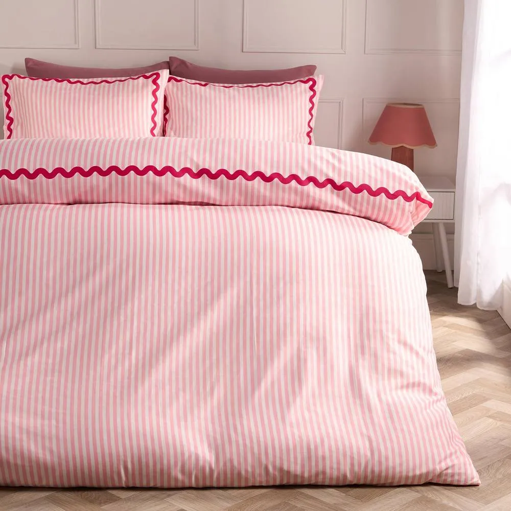 OHS Stripe Wave Border Bedding Set Microfibre Duvet Cover with Pillowcase in Pink