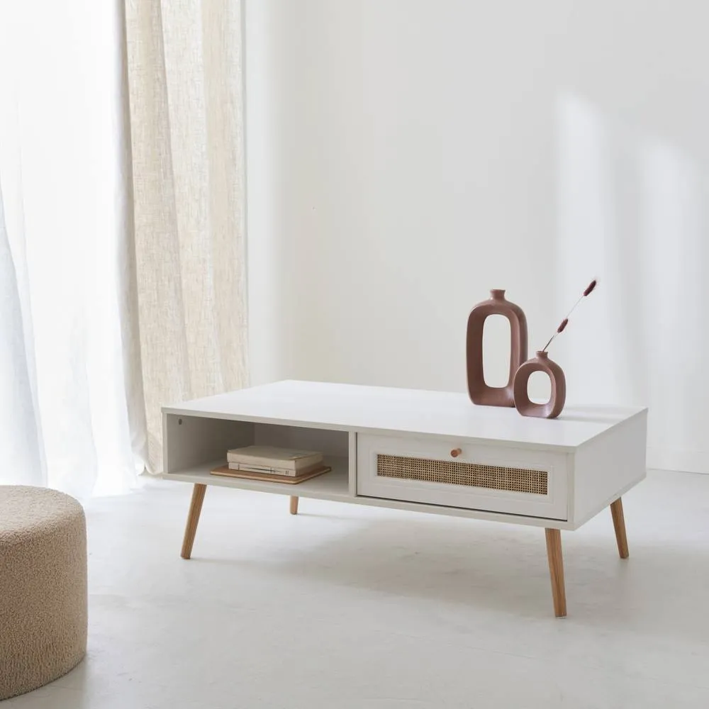 sweeek Coffee Table With Wood & Cane Effect in White 6