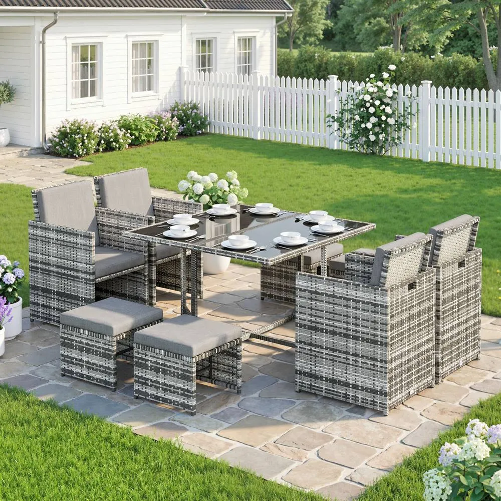 OUTSUNNY 8 Seater Cube Rattan Garden Furniture Dining Set with Cushions in Grey