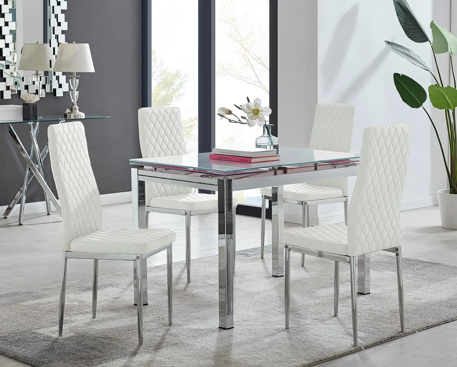 FurnitureboxUK Enna White Glass Extending 4-6 Seater Dining Table & 4 Milan Faux Leather Chairs 1