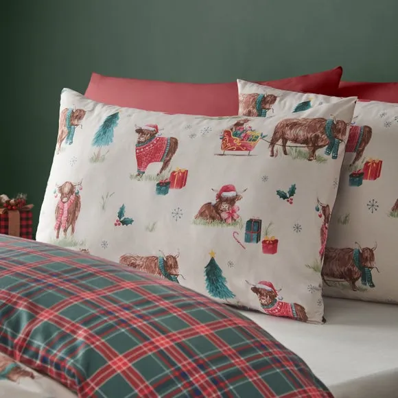 Catherine Lansfield Christmas Highland Cow Polycotton Duvet Cover & Pillowcase Set 4