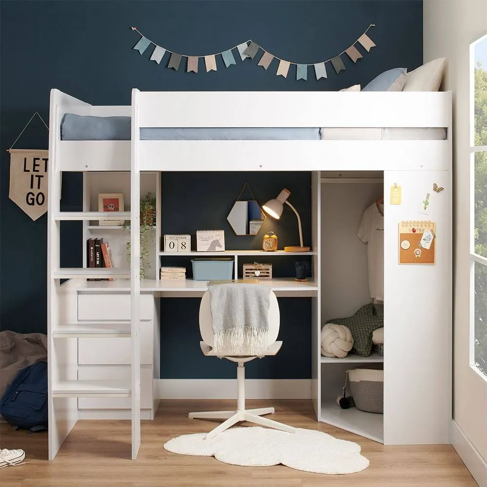 Flair Harper High Sleeper Bed with Desk, Wardrobe & Storage in White 2