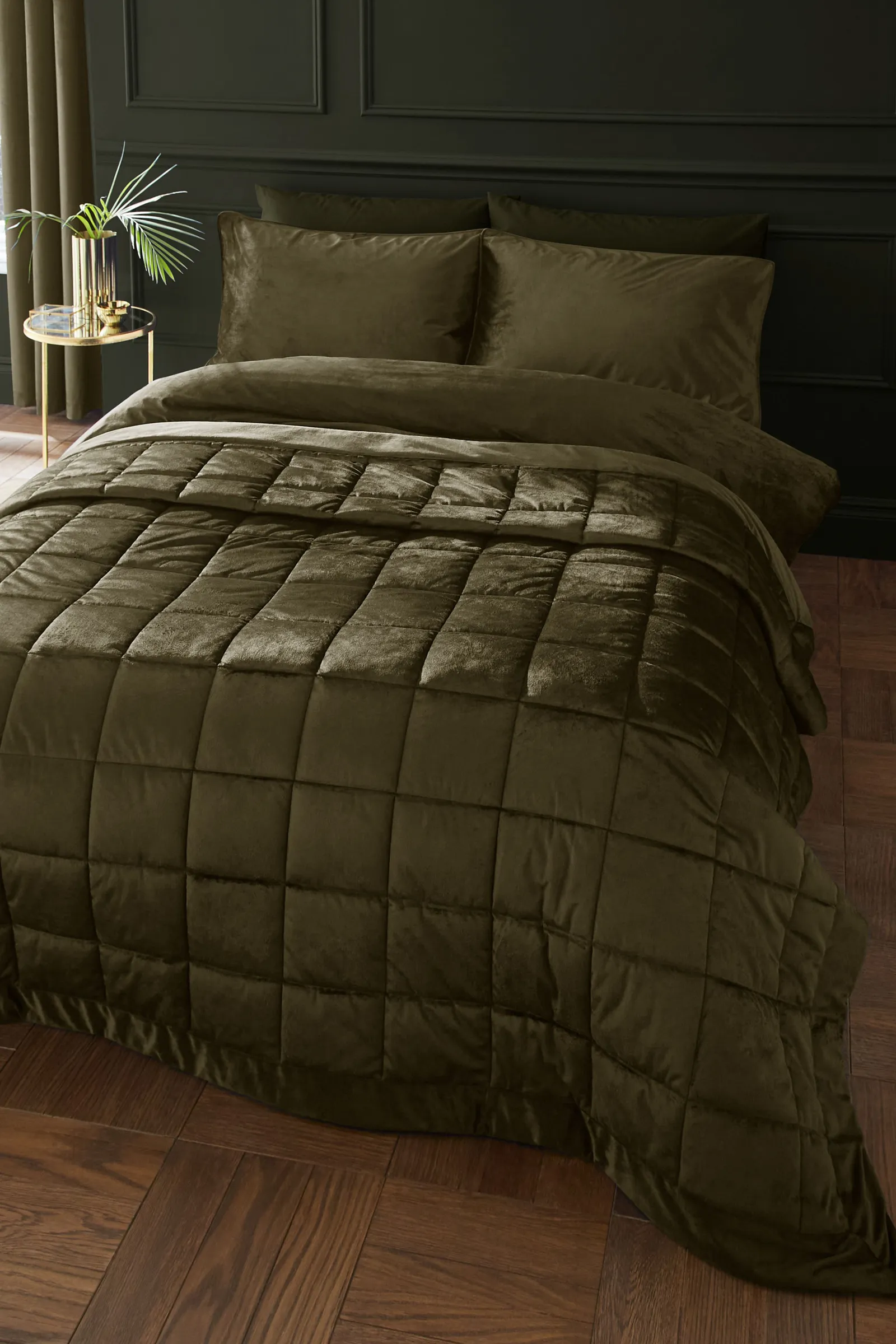 Catherine Lansfield 'Kingsley Matt Velvet' Quilted Bedspread in Olive 1