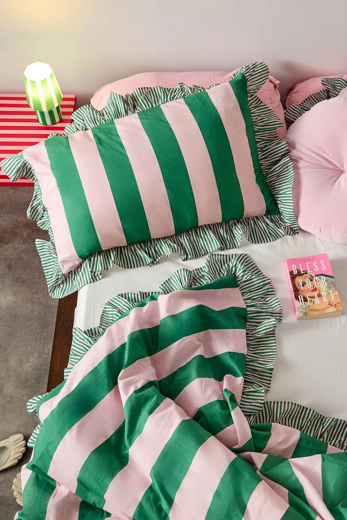 Pink & Green Stripe Ruffle Duvet Set 2