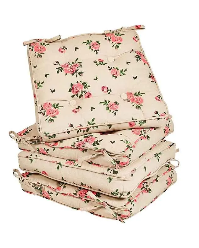 Dibor Set of 4 Vintage Rose Summer Outdoor Garden Chair Seat Pad Cushions W45 x L45cm in Brown 2